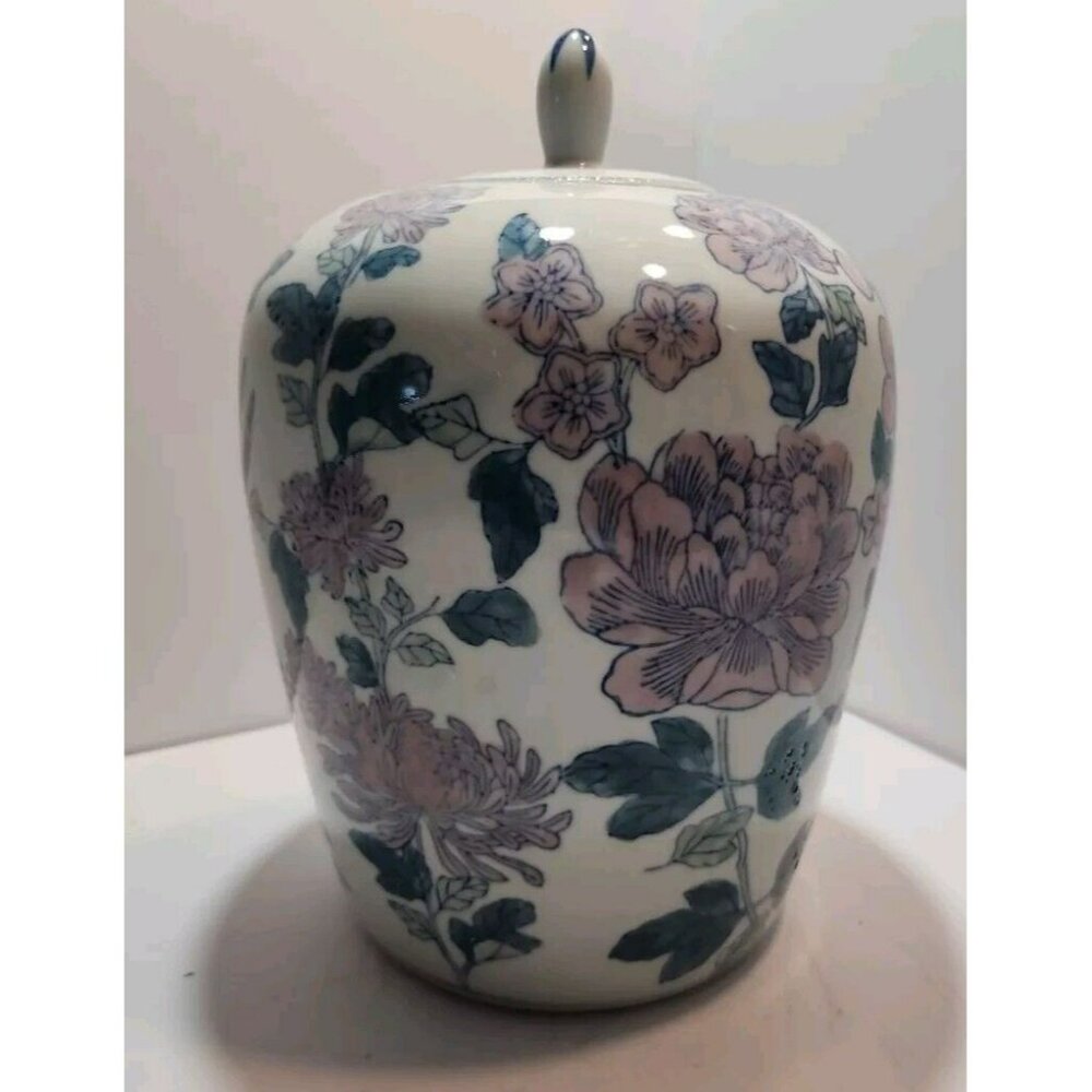 Vtg Chinese Ginger/Temple Jar Temple with Lid Pink Florals Green Leaves on White